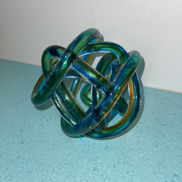 Art Glass Paperweight Blue Teal Amber Endless Love Friendship Knot